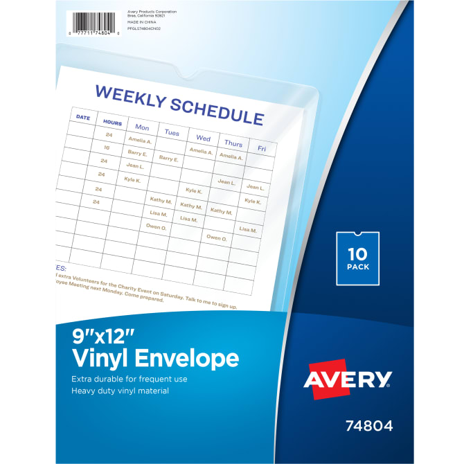 10/Pack Clear Avery 74804 Top-Load Clear Vinyl Envelopes w/Thumb Notch 9 x 12 