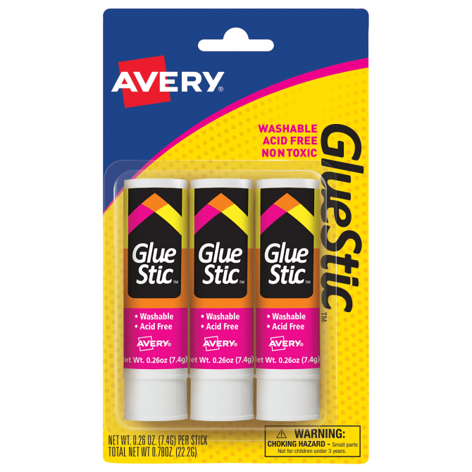 Avery® Glue Stic™, Washable, Nontoxic, Permanent Adhesive, 0.26 oz., 3  Sticks (00164)