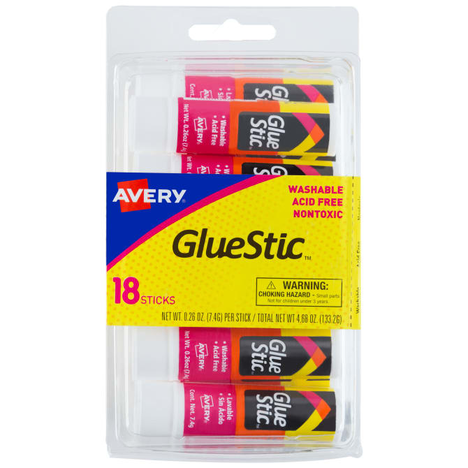 Avery® Glue Stic™, Washable, Nontoxic, Permanent Adhesive, 0.26 oz., 18  Sticks (98001)