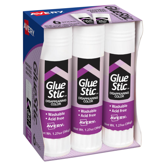 Avery® Glue Stic™, Disappearing Purple Glue Sticks, Washable, Non-Toxic,  1.27oz, 6 Total (98071)