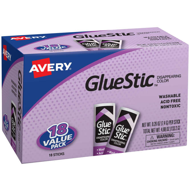 Avery Glue Stick Disappearing Purple Color Washable Nontoxic 1.27 oz. Permanent Glue Stic 6pk (98071)