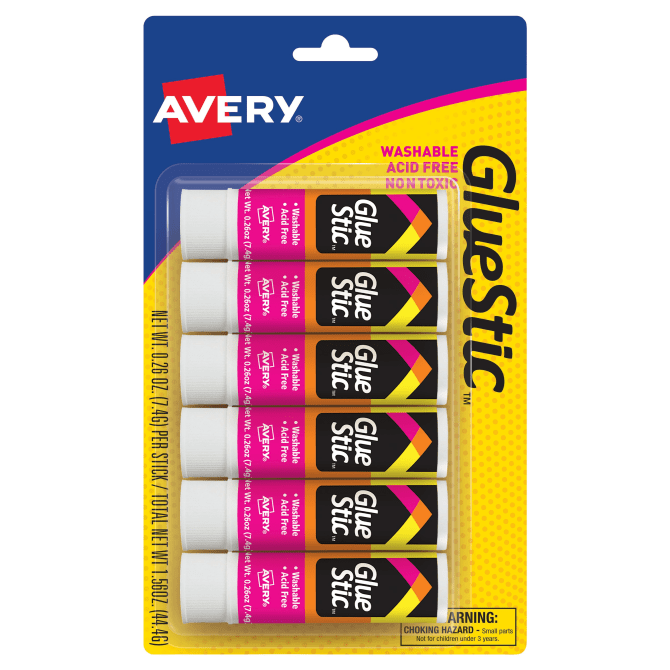 Avery® Glue Stic™, Washable, Nontoxic, Permanent Adhesive, 0.26 oz., 6  Sticks (98095)