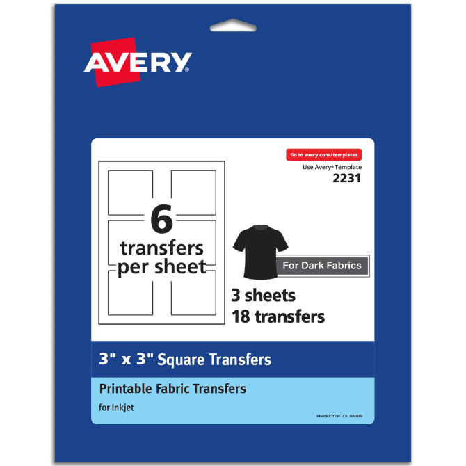 Avery® Dark Fabric Transfers, 3 x 3 Pre Die-Cut Iron-On Square Transfers,  3 Sheets, 18 Total (02231)