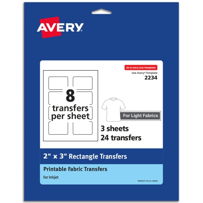 Avery® Light Fabric Transfers, 2 x 3 Pre Die-Cut Iron-On Rectangle  Transfers, 3 Sheets, 24 Total (2234)