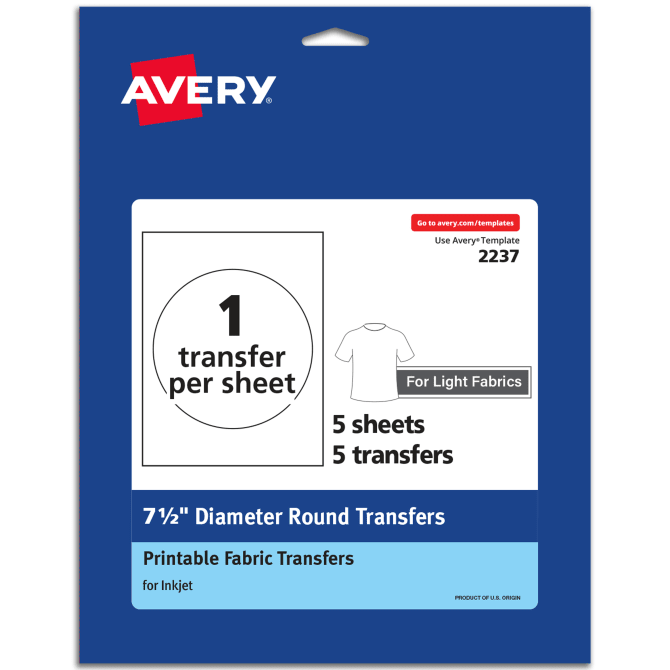 Avery® Light Fabric Transfers, 7.5 Diameter Pre Die-Cut Iron-On