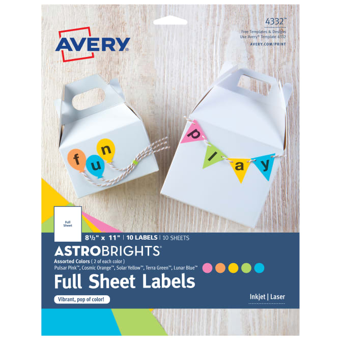 Avery Astrobrights Color Easy Peel Full Sheet Labels 8 1 2 X 11 Pack Of 10 4332
