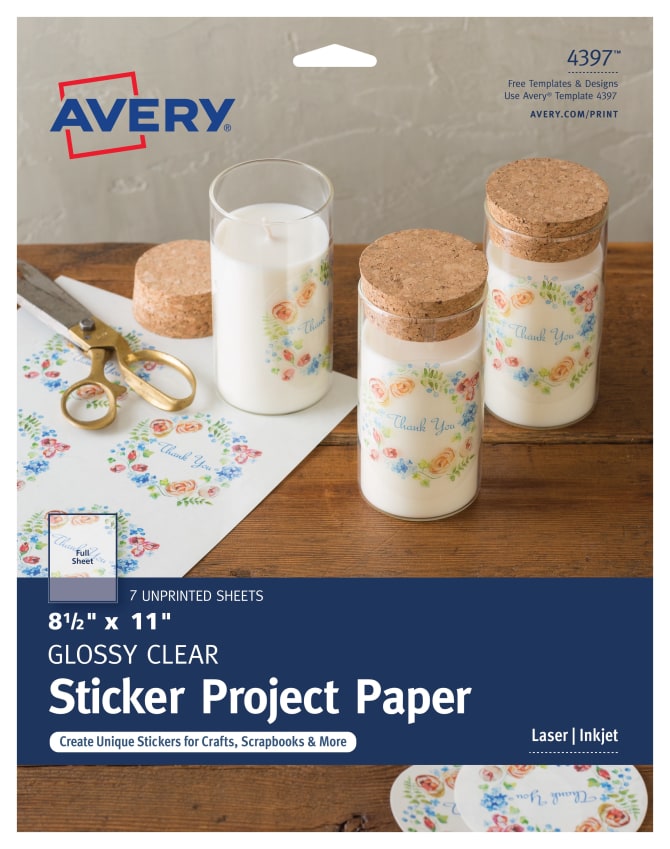 Permanent Sticker Project Paper, 8-1/2 x 11, Inkjet Printer, 7 Glossy  Clear Sheets (4397)