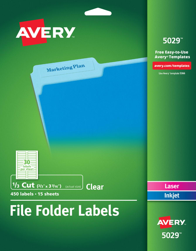 Avery File Folder Labels Sure Feed Technology Permanent Adhesive Glossy Clear 2 3 X 3 7 16 450 Labels 5029