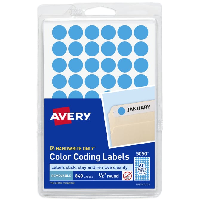 Avery® Color-Coding Removable Labels, 1/2 Inch Round Stickers, Light Blue,  Non-Printable, 840 Dot Stickers Total (5050)