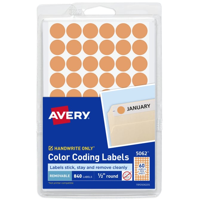 Avery® Color-Coding Removable Labels, 1/2 Inch Round Stickers, Neon Orange,  Non-Printable, 840 Dot Stickers Total (5062)