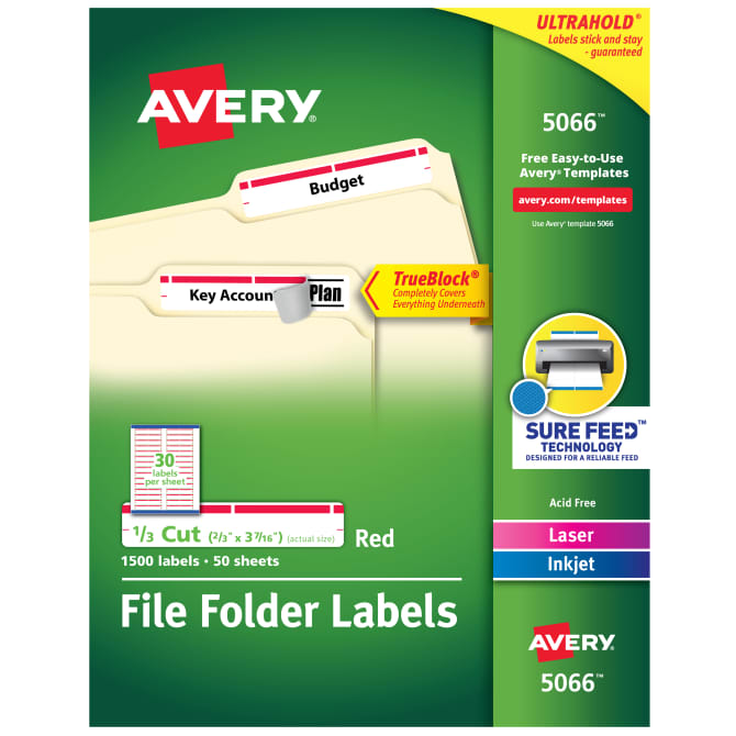 Avery Trueblock File Folder Labels Sure Feed Technology Permanent Adhesive Red 2 3 X 3 7 16 1 500 Labels 5066