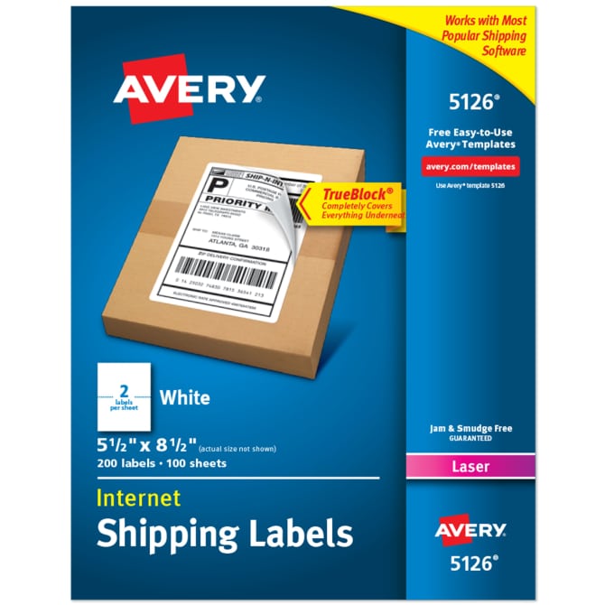 Avery Internet Shipping Labels Trueblock Technology Permanent Adhesive 5 1 2 X 8 1 2 200 Labels 5126