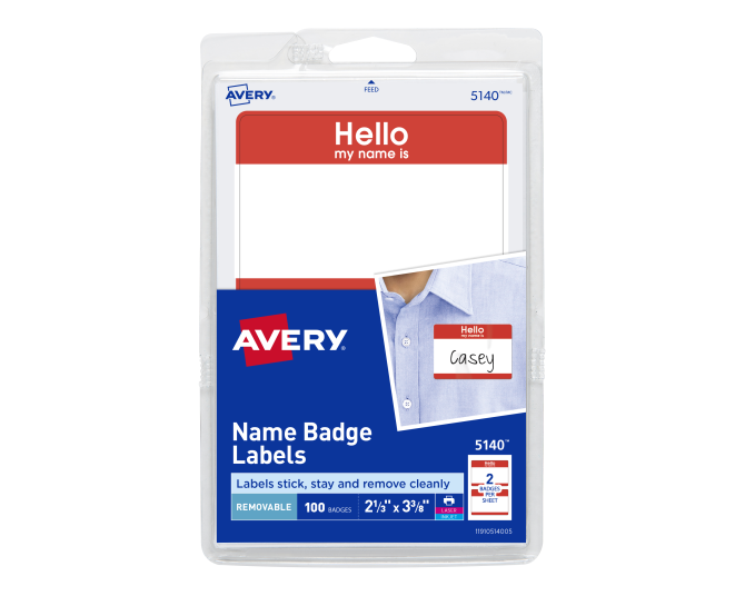 Avery® Name Badge Labels, Red Border, 2-1/3” x 3-3/8”, 100 Badges (5140)