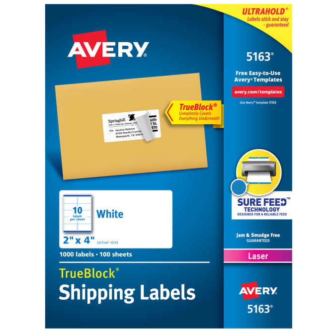 Avery Trueblock Shipping Labels Sure Feed Technology Permanent Adhesive 2 X 4 1 000 Labels 5163