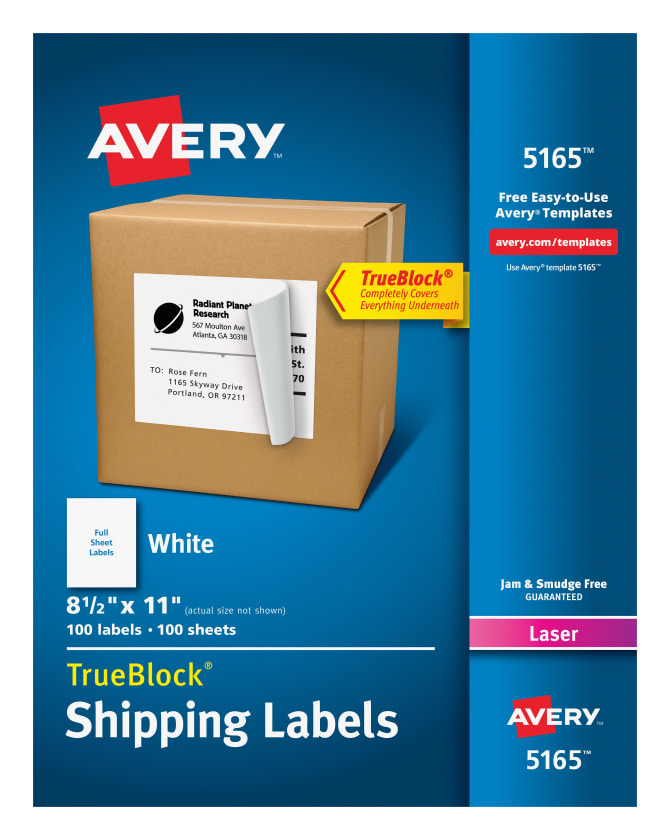 Avery Shipping Labels Trueblock Technology Permanent Adhesive 8 1 2 X 11 100 Labels 5165