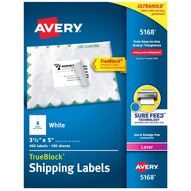 Avery TrueBlock Shipping Labels Sure Feed Technology Permanent Adhesive 3 1 2