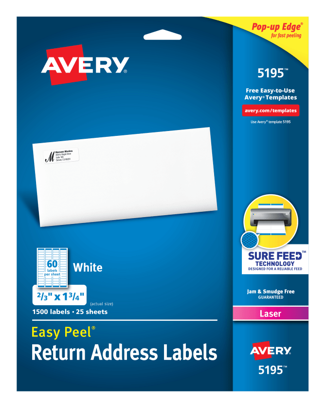 Avery Easy Peel Return Address Labels Sure Feed Technology Permanent Adhesive 2 3 X 1 3 4 1 500 Labels 5195
