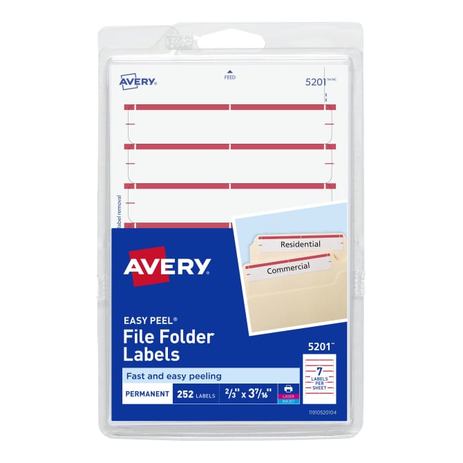 File Folder Labels on 4” x 6” Sheets, Easy Peel, White/Red, Print or  Handwrite, 2/3” x 3-7/16”, 252 Labels (5201)