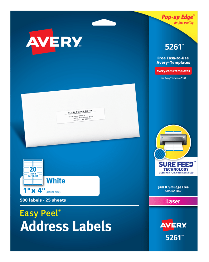 Avery Easy Peel Address Labels 1 X 4 500 Labels 5261 Avery Com