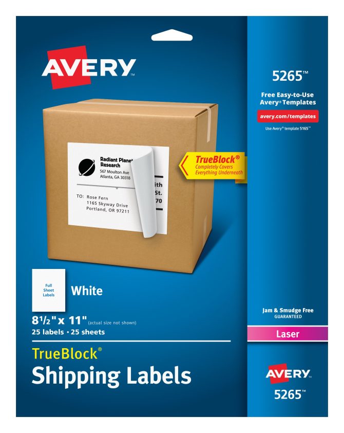 Avery® Shipping Labels, TrueBlock® Technology, Permanent Adhesive, 8-1/2