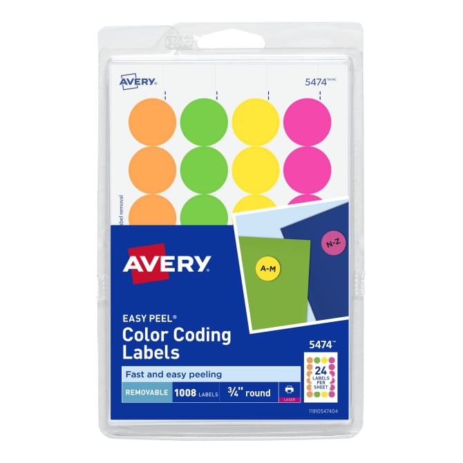 Avery Removable Color Coding Labels 3 4 Diameter Assorted Neon Colors 1 008 Labels 5474