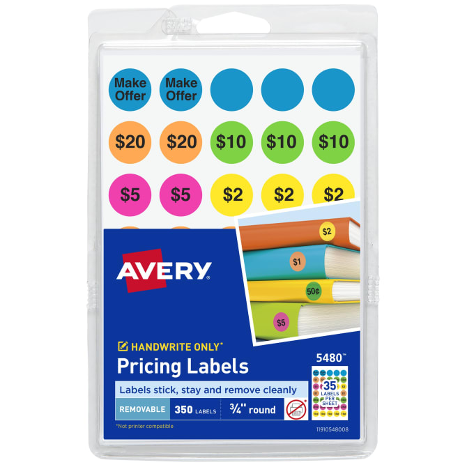 Avery Preprinted Removable Pricing Labels, 3/4 inch Round Labels, Assorted Neon Colors, Non-Printable, 6 Packs, 2,100 Pricing Stickers Total (21918)