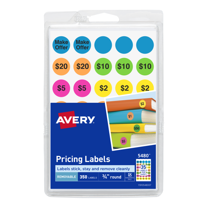 Avery Preprinted Garage Sale Stickers Removable Adhesive Handwrite Only Assorted Colors 3 4 Diameter 350 Labels 5480