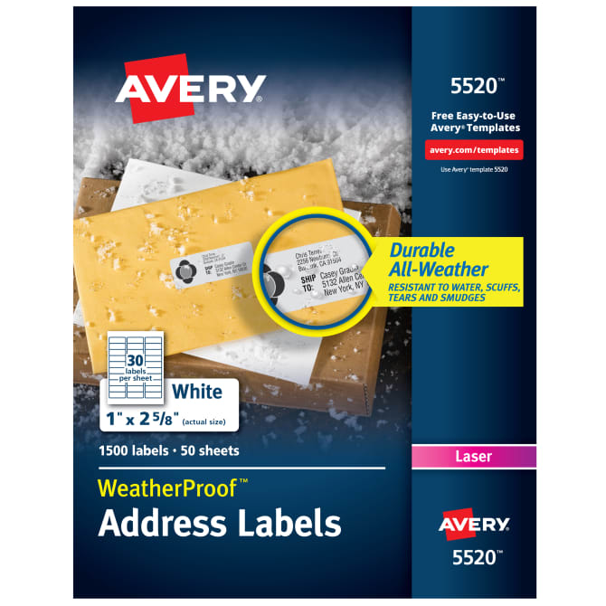 Avery Weatherproof Mailing Labels Trueblock Technology Permanent Adhesive 1 X 2 5 8 1 500 Labels 5520