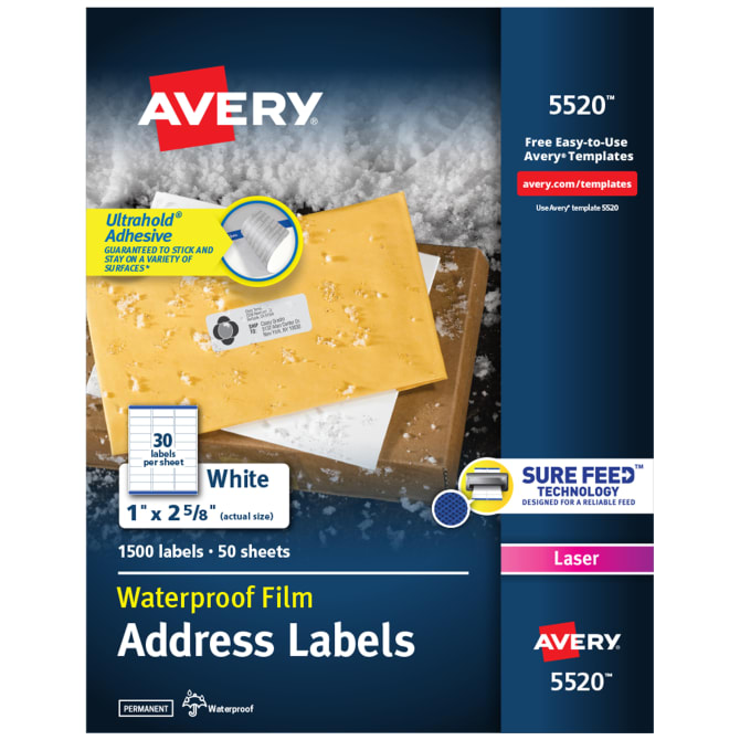 Waterproof Labels With Ultrahold Permanent Adhesive Sure Feed Trueblock Laser 1 500 Labels 1 X 2 5 8 5520 Avery Com