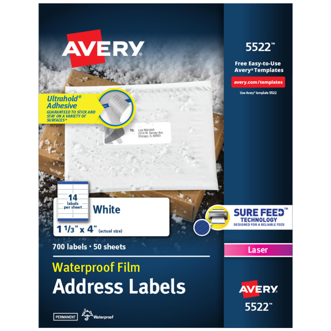 Waterproof Labels with Ultrahold® Permanent Adhesive, Sure Feed™,  TrueBlock®, Laser, 700 Labels, 1-1/3