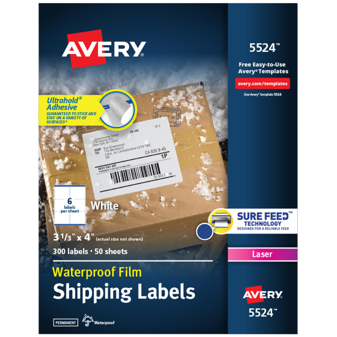 Waterproof Labels With Ultrahold Permanent Adhesive Sure Feed Trueblock Laser 300 Labels 3 1 3 X 4 5524 Avery Com