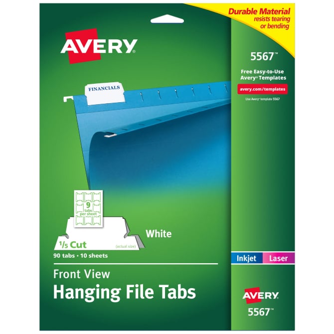 Avery® Printable Hanging File Folder Tabs, 1/5 Cut, White, 90 Total (5567)