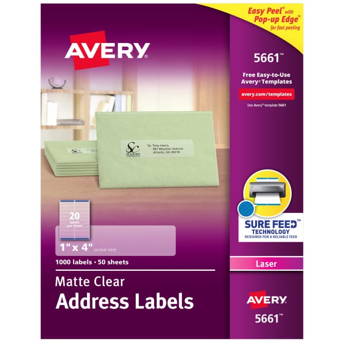 Avery Matte Clear Address Labels Sure Feed Technology Laser 1 X 4 1 000 Labels 5661