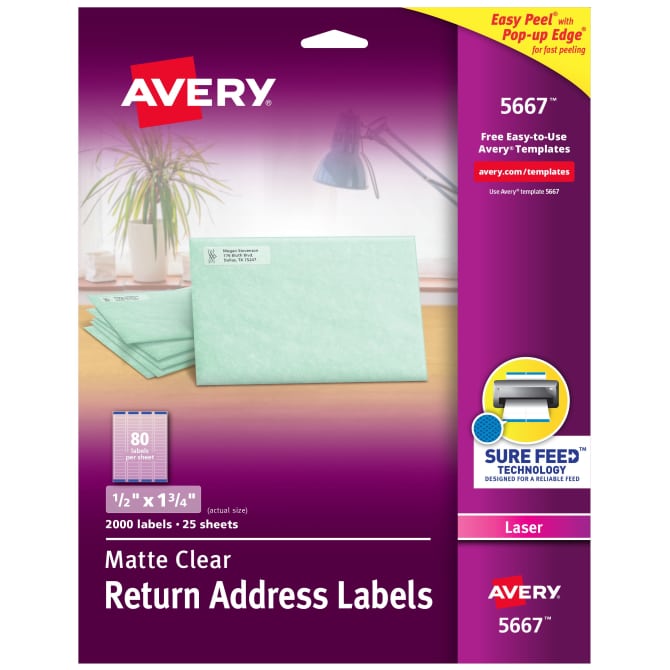 Avery Matte Clear Return Address Labels Sure Feed Technology Laser 1 2 X 1 3 4 2 000 Labels 5667