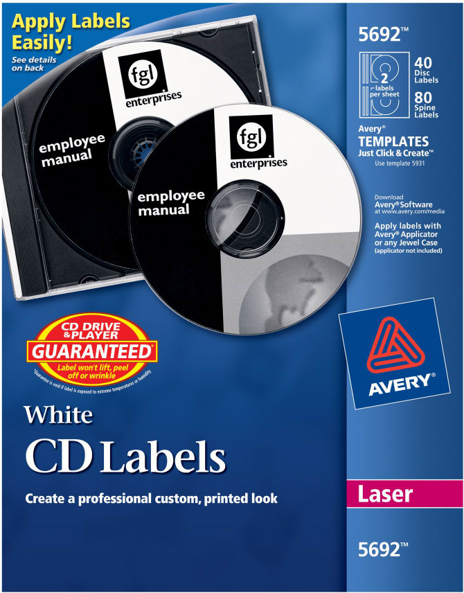 Avery Cd Labels Print To The Edge Permanent Adhesive 40 Disc Labels And 80 Spine Labels 5692
