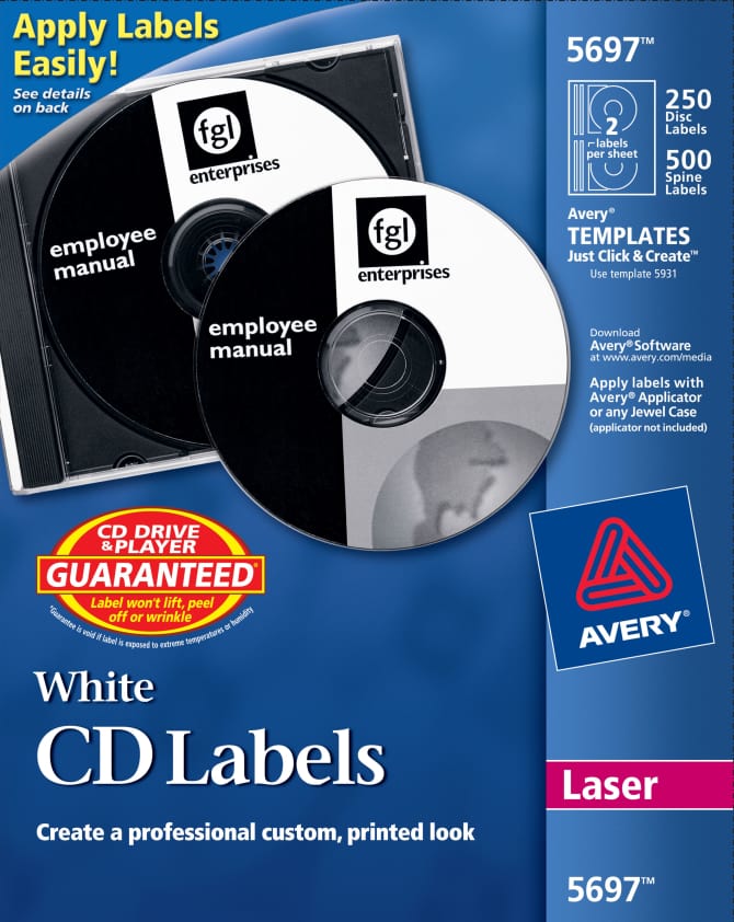 Avery Cd Labels Print To The Edge Permanent Adhesive 250 Disc Labels And 500 Spine Labels 5697