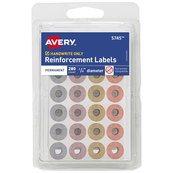 Avery® Self-Adhesive Hole Reinforcement Stickers, 1/4 Diameter, Metallic  Colors, Non-Printable, 280 Total (5745)