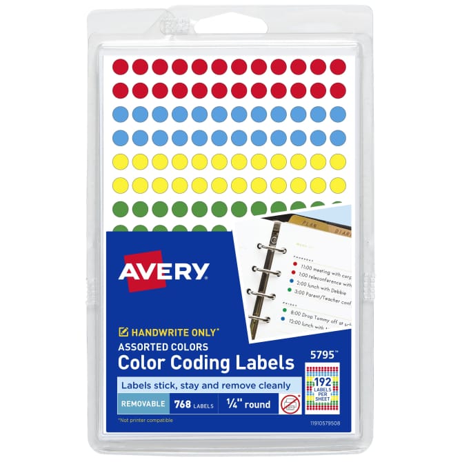 Avery® Color-Coding Removable Labels, 1/4