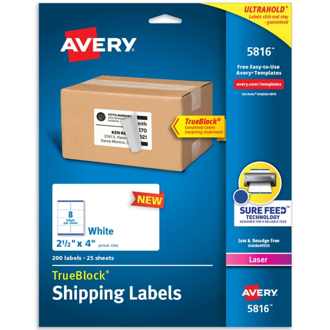 Avery® TrueBlock® Shipping Labels with Sure Feed™, 2-1/2