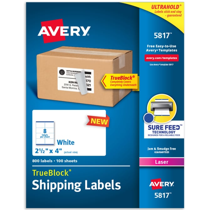 Avery® TrueBlock® Shipping Labels with Sure Feed™, 2-1/2