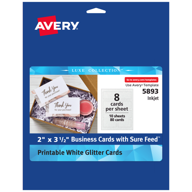 Avery® Luxe Collection™ Glitter Cardstock, 2 x 3.5 Business Cards,  Mess-Free White Glitter, Sure Feed™ Technology, Printable Glitter Cardstock  Paper for Inkjet Printers, 80 Cards Total (5893)
