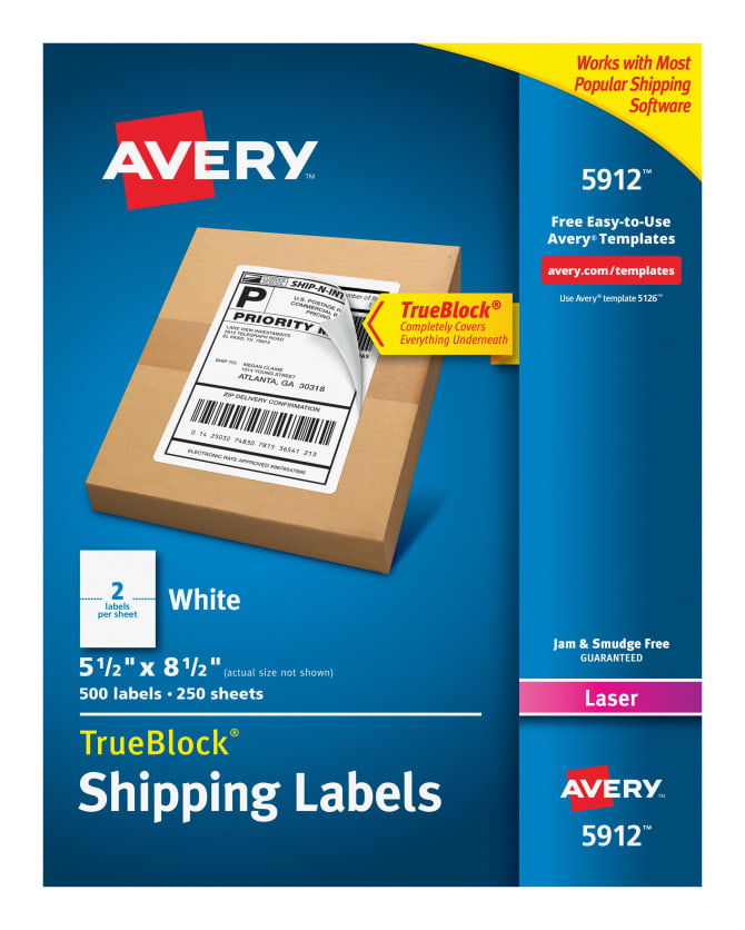 Avery Shipping Labels Trueblock Technology Permanent Adhesive 5 1 2 X 8 1 2 500 Labels 5912