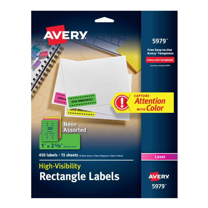 Avery High Visibility Labels Permanent Adhesive Assorted Neon Colors 1 X 2 5 8 450 Labels 5979