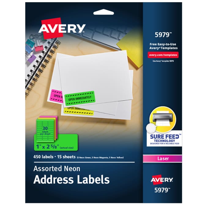 Avery® Neon Address Labels with Sure Feed™ for Laser Printers, 1 x 2 5/8