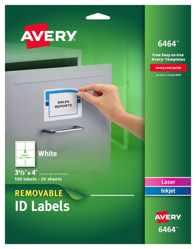 Avery Removable Id Labels Removable Adhesive 3 1 3 X 4 150 Labels 6464