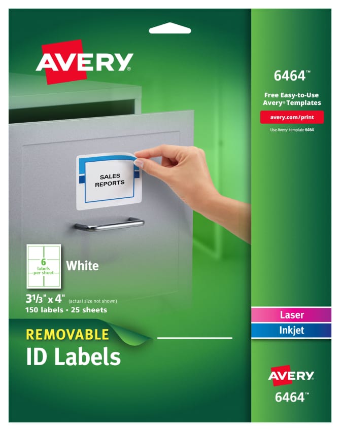 Avery Removable ID Labels, Sure Feed, 3-1/3? x 4?, 150 Labels (6464) -  AVE6464 