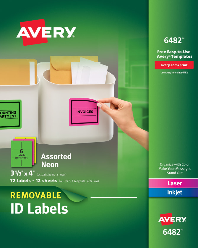 Avery® Removable Labels, Removable Adhesive, Assorted Neon Colors, 3-1/3 x  4, 72 Labels (6482)