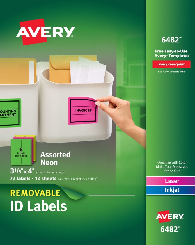 Avery® Removable Labels, Removable Adhesive, Assorted Neon Colors, 3-1/3 x  4, 72 Labels (6482)