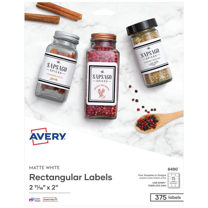 Avery® 2-11/16 x 2 Rectangle Labels, 375 Labels, Removable Adhesive,  Matte White (6490)