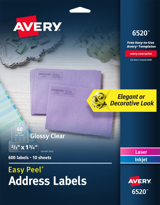2/3 x 1-3/4 600 Labels Avery Glossy Crystal Clear Return Address Labels for Laser & Inkjet Printers 6520 